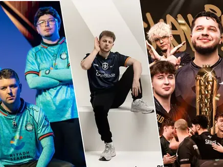 Esports teams in colorful jerseys strike confident poses. Center: man in OneBlade shirt. Right: team celebrates with trophy. Joyful mood.