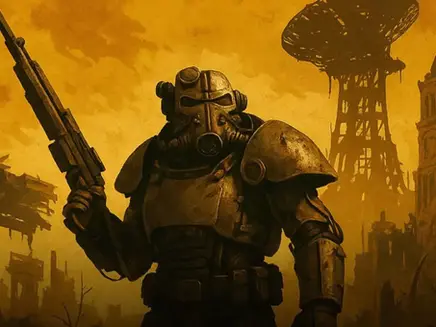 Armored figure From Fallout with a rifle stands in a post-apocalyptic wasteland. Rusty, yellowish sky and ruined buildings create a desolate atmosphere.