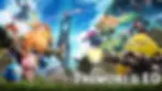 Palworld 1.0 promo art shows colorful creatures and trainers battling around a futuristic tower under a bright blue sky.