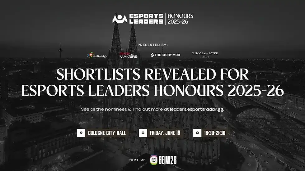 Black esports poster over Cologne skyline: Esports Leaders Honours 2025-26 shortlist revealed, with date and venue details.