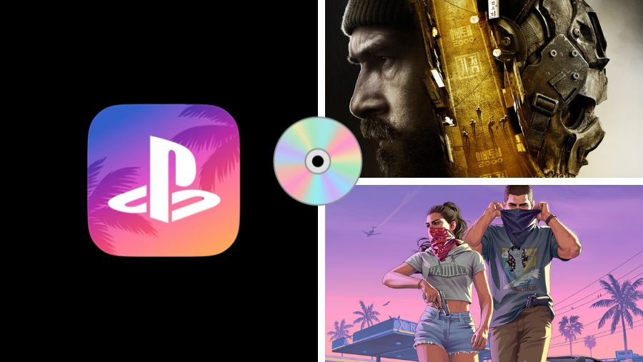 PlayStation logo beside a disc, with game art of a bearded cybernetic man and two masked people in a neon sunset city.