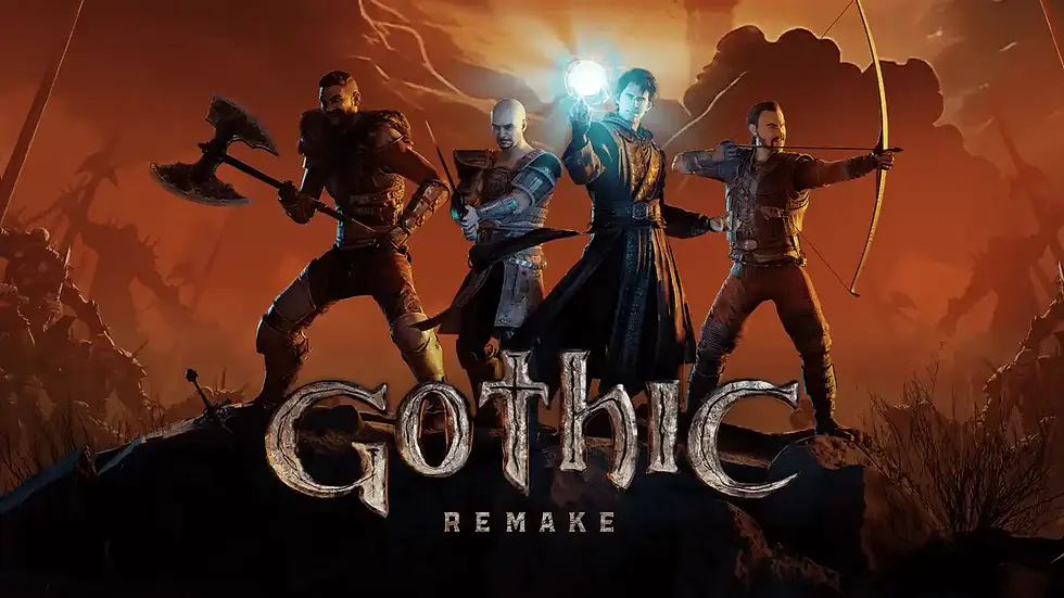Four fantasy warriors pose on a rocky ledge in an orange battlefield, with Gothic Remake title below.