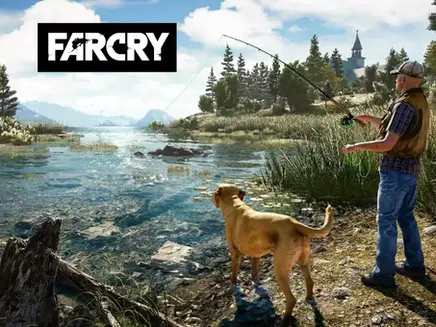 Far Cry scene with a aman with a dog fishing
