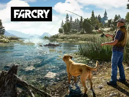 Far Cry scene with a aman with a dog fishing