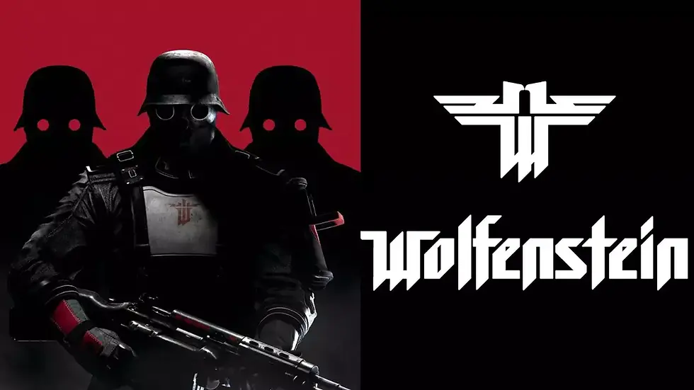 Three armored figures with glowing eyes in front of a red and black background; text reads "Wolfenstein" in bold lettering.
