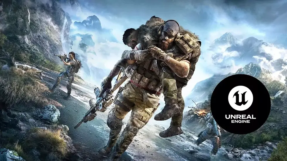 Ghost Recon game character soldier carries wounded comrade through rugged mountain terrain, two others aim rifles. Dramatic sky. Unreal Engine logo present.