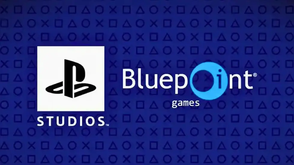 PlayStation Studios and Bluepoint Games logos on a blue background with PlayStation symbols. The mood is professional and gaming-focused.