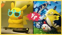 Pikachu wearing blue sunglasses DJs on left; on right, an Electabuzz-like character with Pokémon in a field. "VS" in the center.
