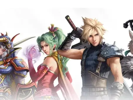 Four Final fantasy characters: armored knight, spellcaster with pink aura, warrior with sword, and fox-eared figure. Vibrant outfits, determined look, in Magic the gathering set.
