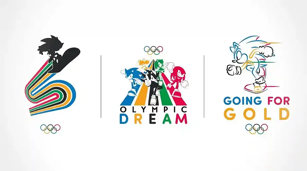 Sega sonic characters in Olympic poses; silhouette snowboarding, colorful running, and sketch with text: Olympic Dream, Going for Gold.