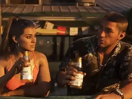 GTA 6 Characters Jason and Lucia holding bottles at a bar, engaged in conversation. Tropical setting, evening light, relaxed mood. Flags hang in background.