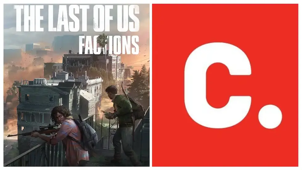 "The Last of Us Factions" poster: Two characters with weapons on rooftop look over city. Right: Red "C." logo. Intense, action-packed vibe.