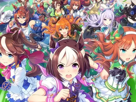 Anime-style characters from Umamusume: Pretty Derby with horse ears race forward energetically on a vibrant green field. Expressions are determined and focused.