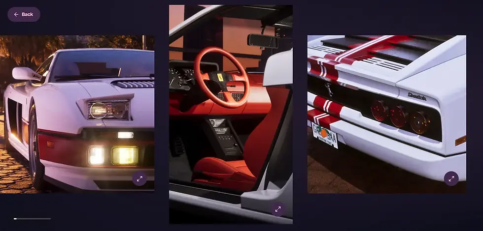 GTA 6 Ultimate Edition. White Lamborghini Countach shown front, red interior, and rear in three panels, with a Back button and red racing stripes.