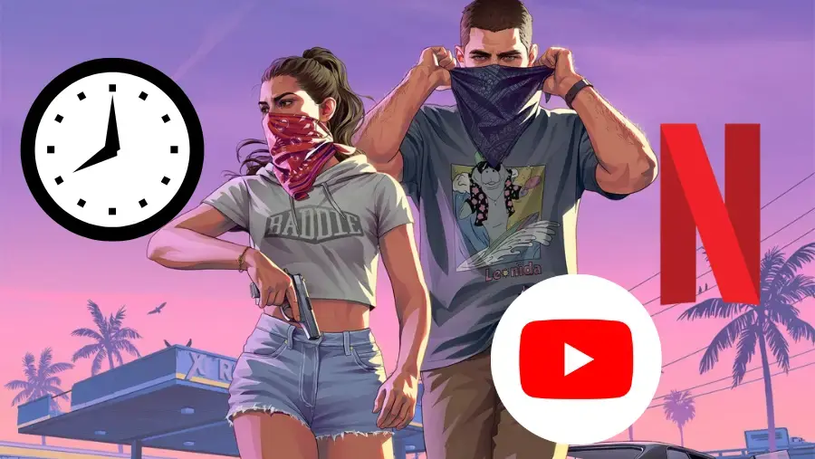 Stylized Jason and Lucia from GTA 6 poster in bandanas, one holding a gun, against a pink sunset city; clock, Netflix N, YouTube icon, BADDLE/Leonida.