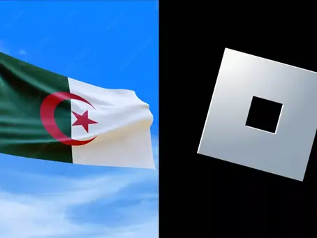 Algerian flag soaring against blue sky on left; silver square object on black background on right. Vibrant colors and clear contrast.