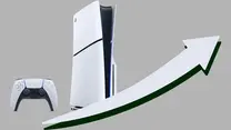 White gaming console and controller on a gray background, with an upward-pointing arrow, symbolizing growth or success.