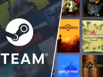 Steam logo on the left, video game covers on the right with various colors and designs. Text: "STEAM". Moods are dynamic and energetic.