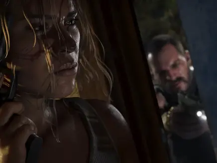 A tense scene shows a woman Lucia from video game GTA 6 holding a gun near her face, intense expression. In the background, a man aims a gun through a cracked door.