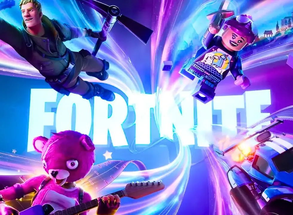 Colorful Fortnite scene with characters jumping and posing, featuring a pink bear with a guitar, LEGO figure, and "FORTNITE" text in bold.