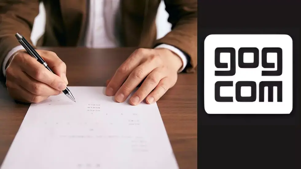 A person in a suit signs a document on a wooden desk. The right side features a white "gog.com" logo on a black background.