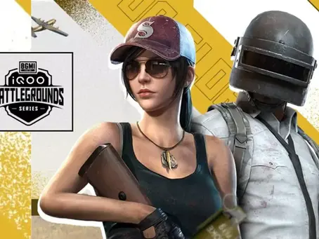 Two BGMI game characters stand ready; one in a cap and sunglasses, the other in a helmet. BGMI iQOO BATTLEGROUNDS SERIES logo in the backdrop.