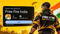 Free Fire India app install screen with a yellow-clad character, parachuter and Indian tricolor background; text shows 392 MB and Install.