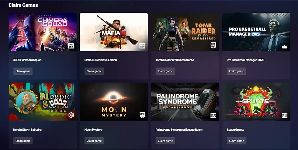 Amazon luna Game claim page showing eight game tiles with cover art and Claim game buttons, including XCOM, Mafia III, Tomb Raider, and more