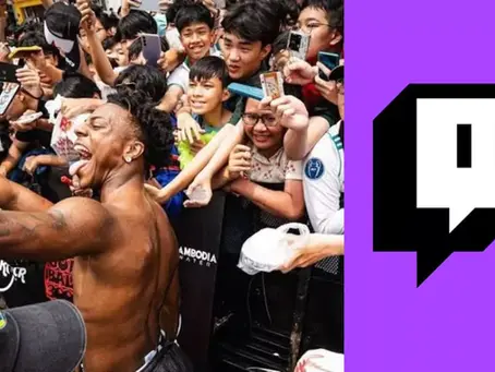 Excited crowd takes selfies with a shirtless ishowspeed at an event in China. Purple screen shows a Twitch logo. Energetic and lively atmosphere. Its ishowspeed's china tour scene.