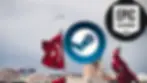 Red Turkish flags waving, Steam and Epic Games logos overlay. Cityscape with tower and seagull in the cloudy sky.