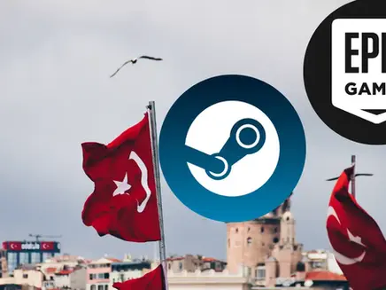 Red Turkish flags waving, Steam and Epic Games logos overlay. Cityscape with tower and seagull in the cloudy sky.