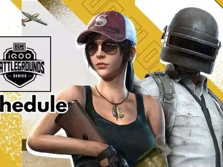 Two BGMI game characters stand ready, one with a helmet, one in sunglasses. BGMI iQOO Battlegrounds Series logo and "Schedule" text on yellow.