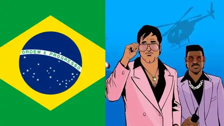 Brazilian flag beside a duo from GTA Vice city.