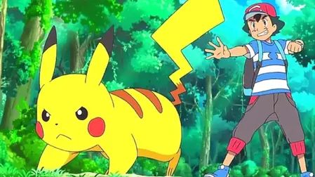 A determined Pikachu and a boy in a striped shirt stand ready for action in a lush forest, highlighting a sense of adventure.