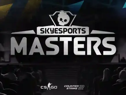 Skyesports Masters logo with skull emblem on a dark background. Audience silhouette below. Text: CSGO and Counter-Strike 2.