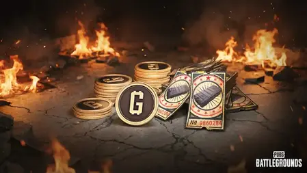 Coins and tickets on a cracked ground surrounded by flames. The largest coin shows a "G". Text at the bottom reads PUBG Battlegrounds.