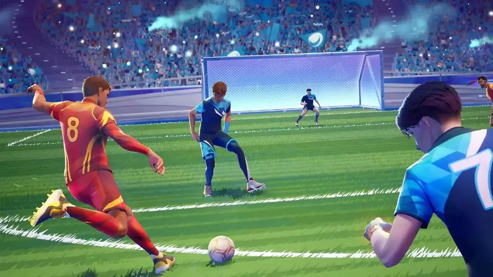 Soccer player in REMATCH video game in red kicks ball towards goal, competing against players in blue. Stadium packed with cheering fans, creating an intense atmosphere.