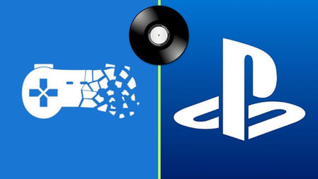 Split blue image: cracked game controller on left is a logo for a Stop Killing Games, PlayStation logo on right, with a vinyl record at the top center