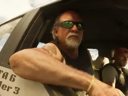 Man with sunglasses leans out a car window, another man driving. Sunny day, trees in the background. Text reads "GTA 6 Trailer 3".