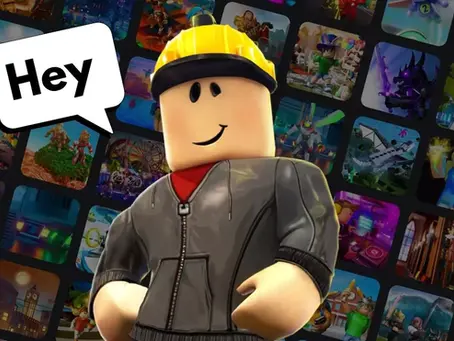 Smiling blocky character in a yellow hard hat and gray jacket says "Hey" on a speech bubble. Colorful game thumbnails in the background.