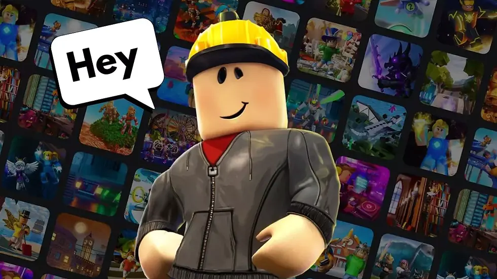 Smiling blocky character in a yellow hard hat and gray jacket says "Hey" on a speech bubble. Colorful game thumbnails in the background.