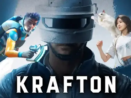 A person in a helmet stands center is from PUGB character; a man in a spacesuit is from Subnautica 2 and a woman with a cat appear beside her is from Inzoi. Text reads "KRAFTON" below. Bold colors.