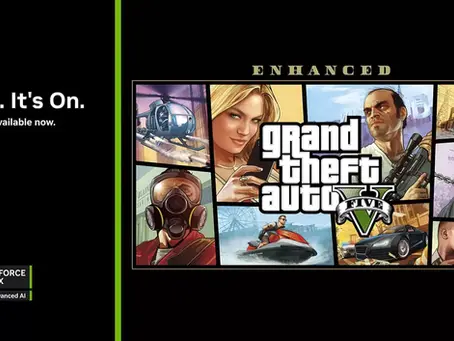 GTA V enhanced edition cover art with characters and vehicles. "RTX. It's On. DLSS 4 available now." Nvidia GeForce RTX logo.