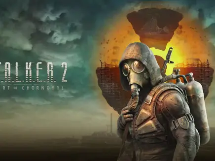 A person in a gas mask stands in front of a glowing explosion with stormy skies. Text: "STALKER 2: HEART OF CHORNOBYL." Ominous mood.