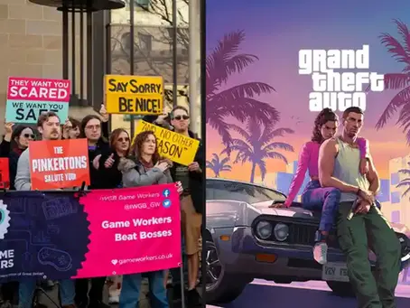 Protesters with signs read "Grand Theft Employment," "The Pinkertons Salute You." Right: Artwork of GTA 6 video game by Rockstar Games.