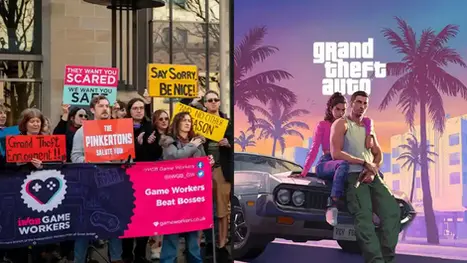 Protesters with signs read "Grand Theft Employment," "The Pinkertons Salute You." Right: Artwork of GTA 6 video game by Rockstar Games.