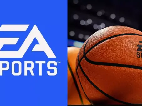 EA Sports logo in white on a blue background beside a basketball with EA Sports branding, set against a blurred arena backdrop. Energetic mood.