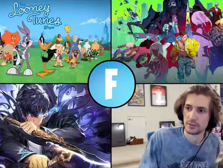 Collage with Looney Tunes characters, vibrant anime scenes, and a person in a room with posters. Central blue circle with "F".