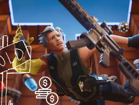 Fortnite Map “The Pit” character with white hair, aiming a rifle mid-air in a wooden structure. "SOLD" sign and dollar symbols overlay. Action-packed scene.