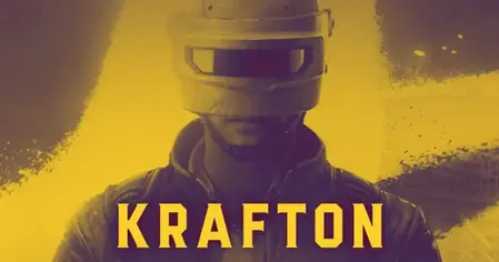A person wearing a helmet in shades of yellow with "KRAFTON" text. The background is abstract with a bold, intense mood.